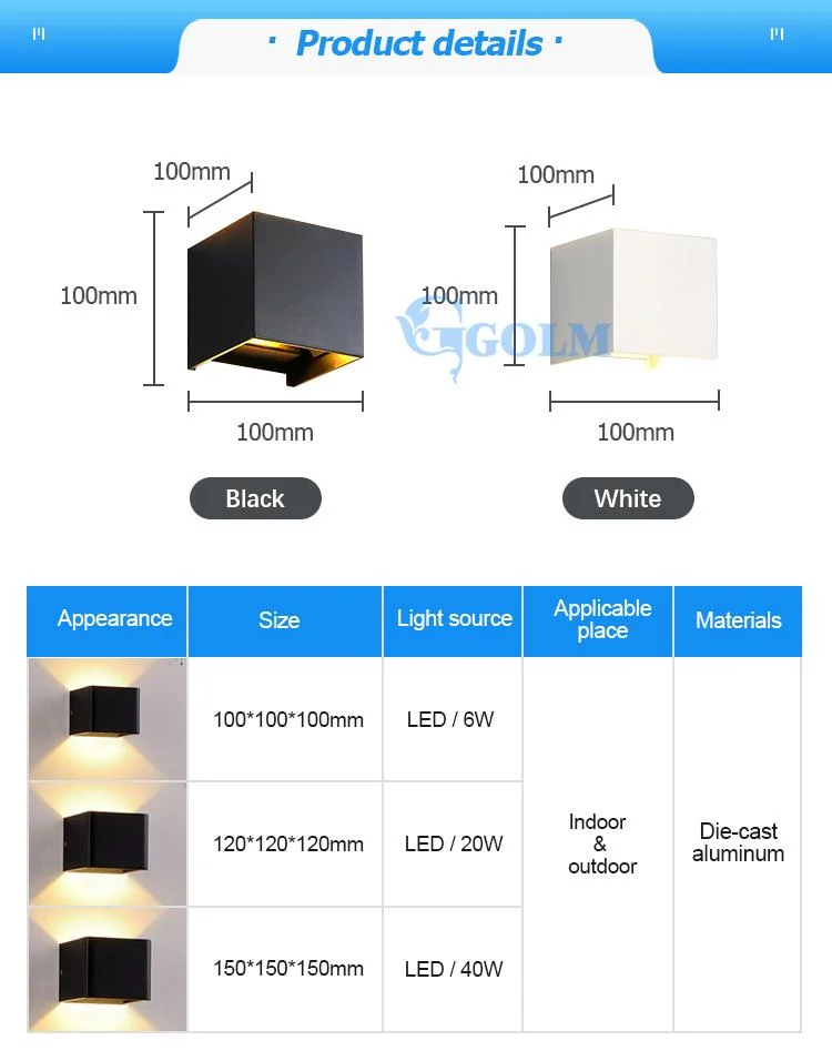 Square Waterproof IP65 Wall Lamps Aluminum up and Down LED Wall Light